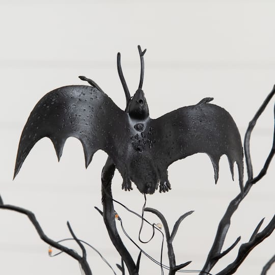 16" Pre-Lit Artificial Halloween Black Spooky Twig Tree with Bats and 20 Orange & Purple LED Lights